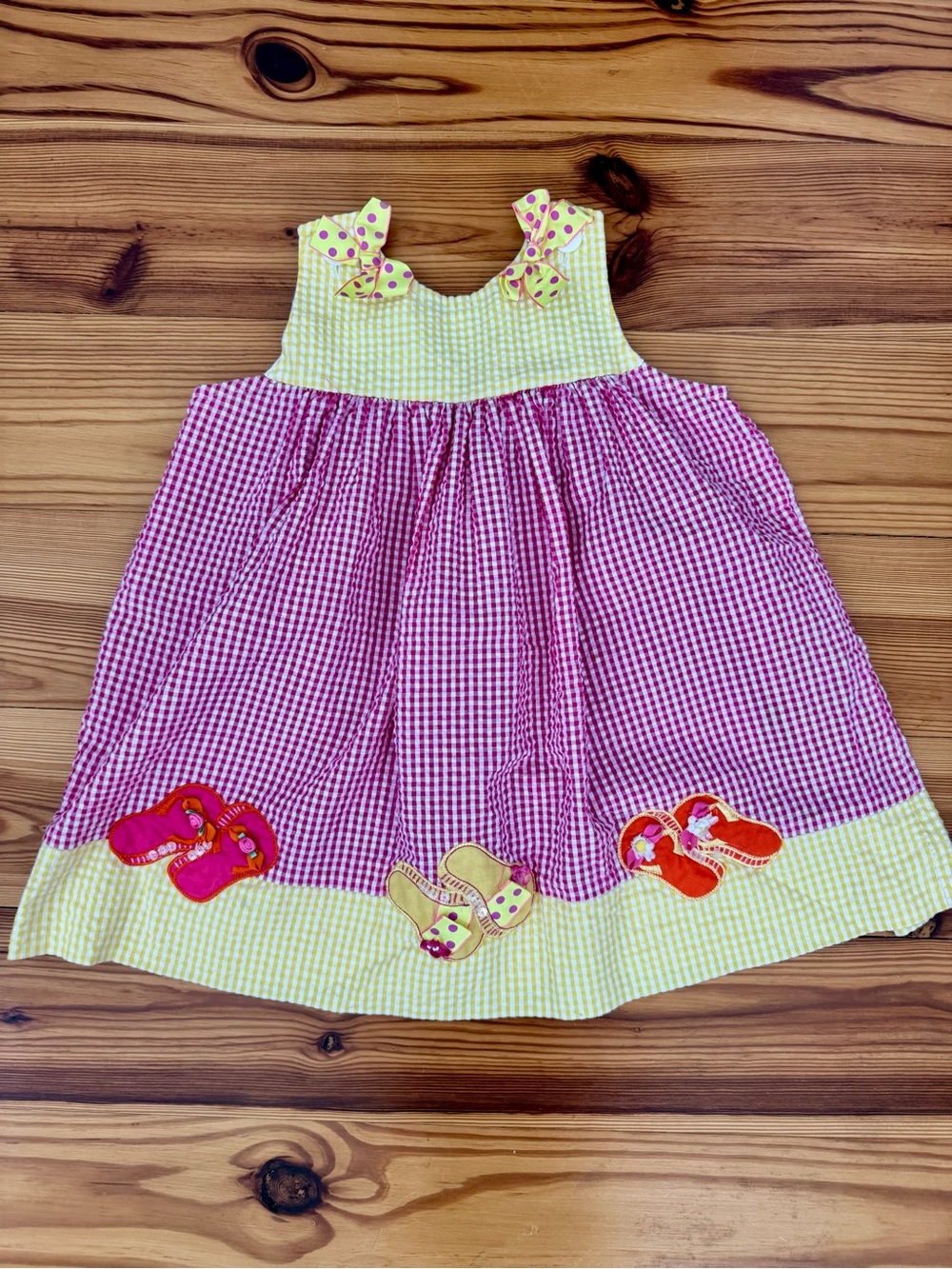 Rare Editions Pink Gingham Smock Dress with Yellow Trim Beach FlipFlops 3T EUC